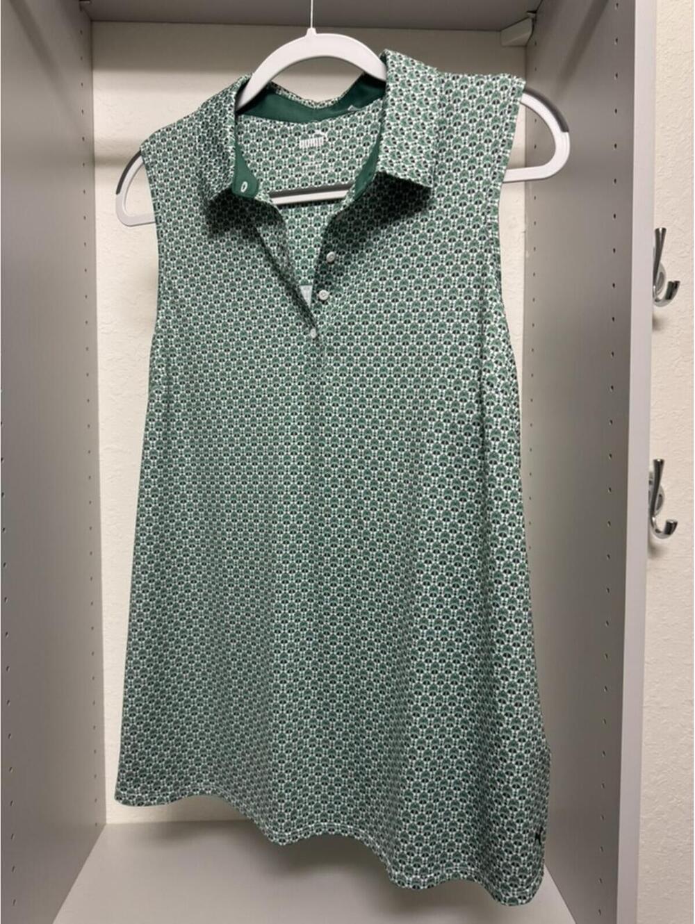 Puma Women's Golf Sleeveless Polo Shirt with Green Geometric Palm Print XL